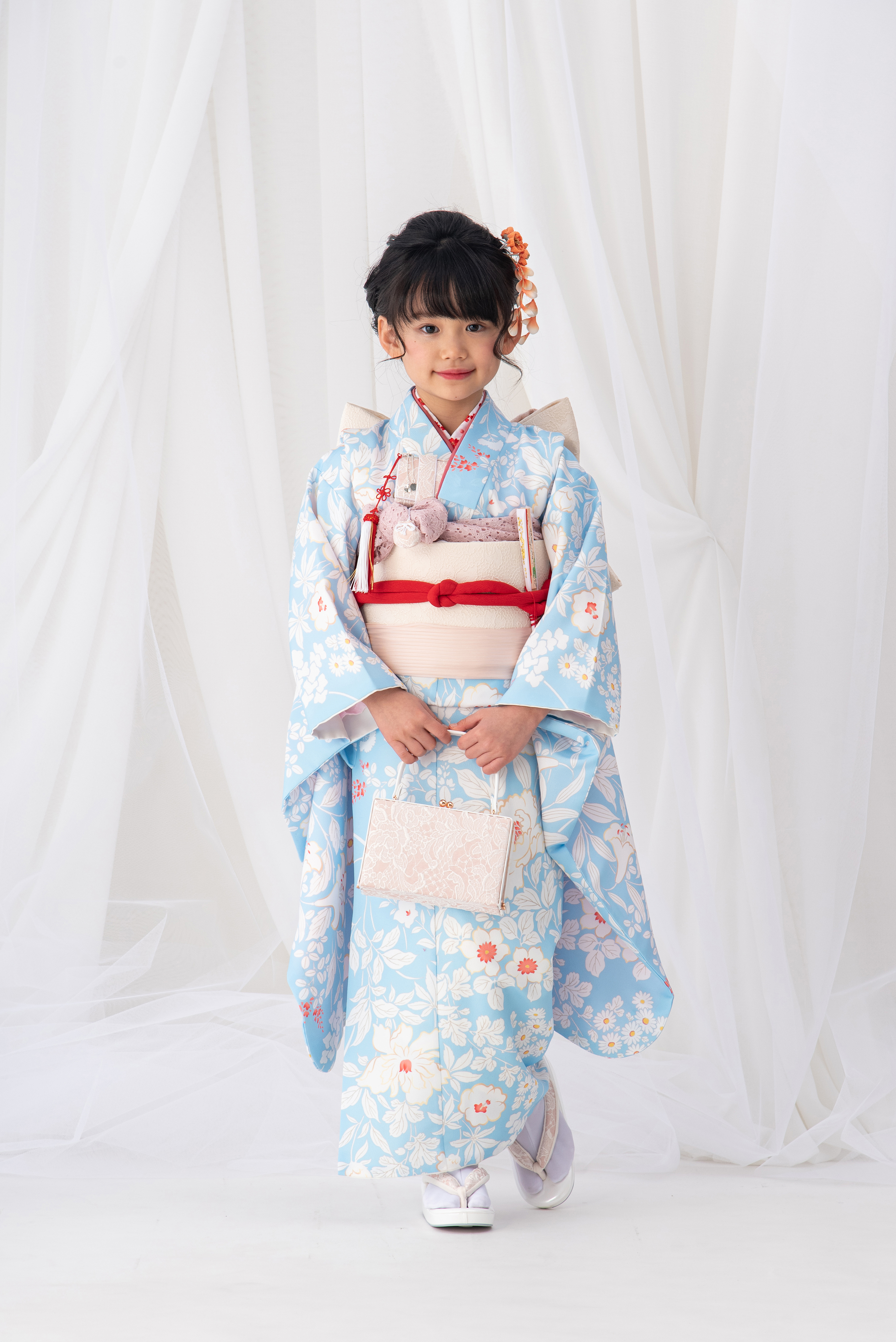 7歳女児・着物セットレンタル｜水色 花柄 G7-003