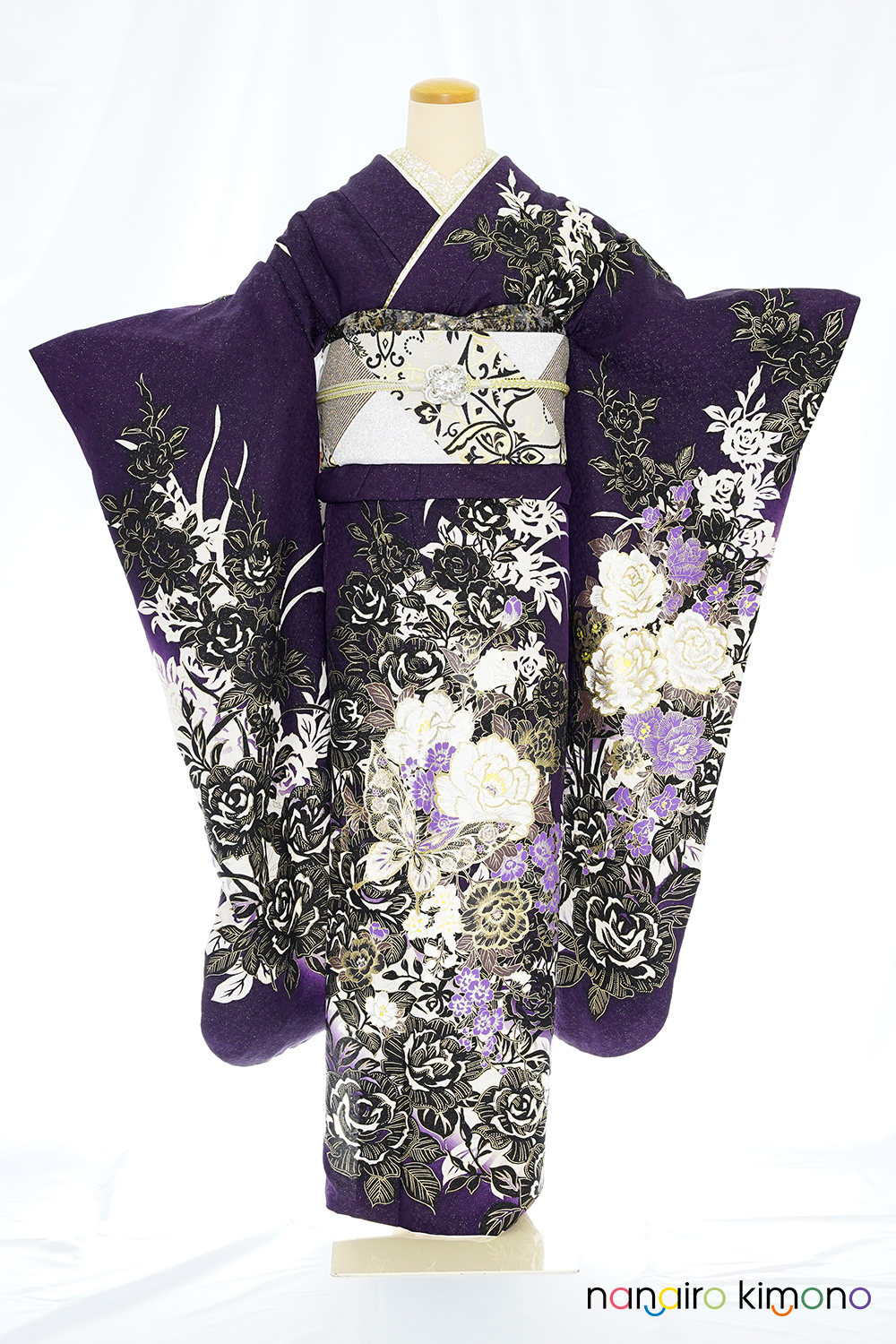 振袖フルセット｜紫色・かっこいいバラ柄 F034