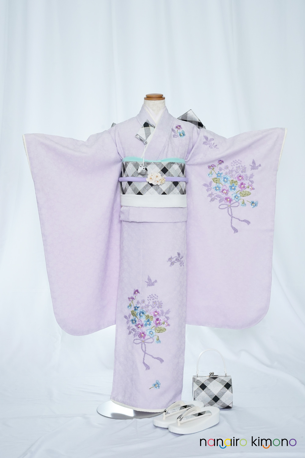7歳女児・着物被布セットレンタル｜紫小花柄 G7-着物002