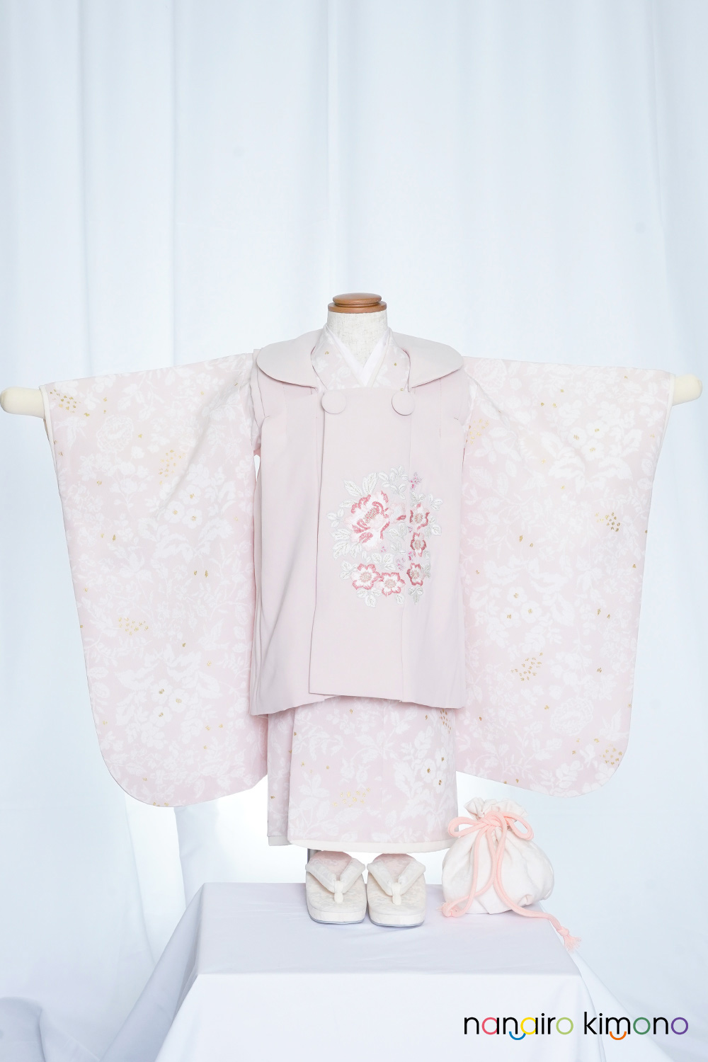 3歳女児・着物被布セットレンタル｜白ピンク小花柄 G3-着物S 001
