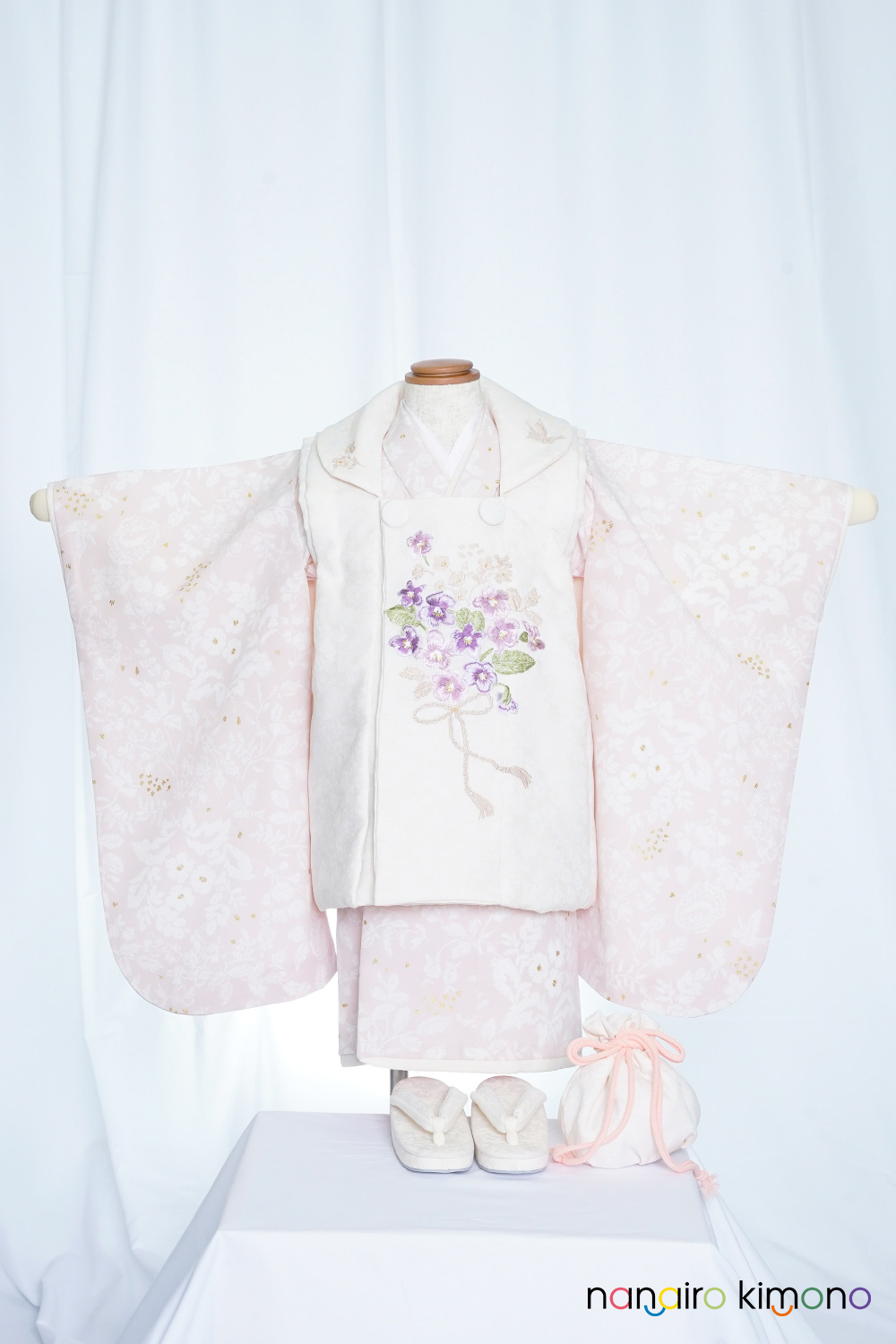 3歳女児・着物被布セットレンタル｜白ピンク小花柄 G3-001