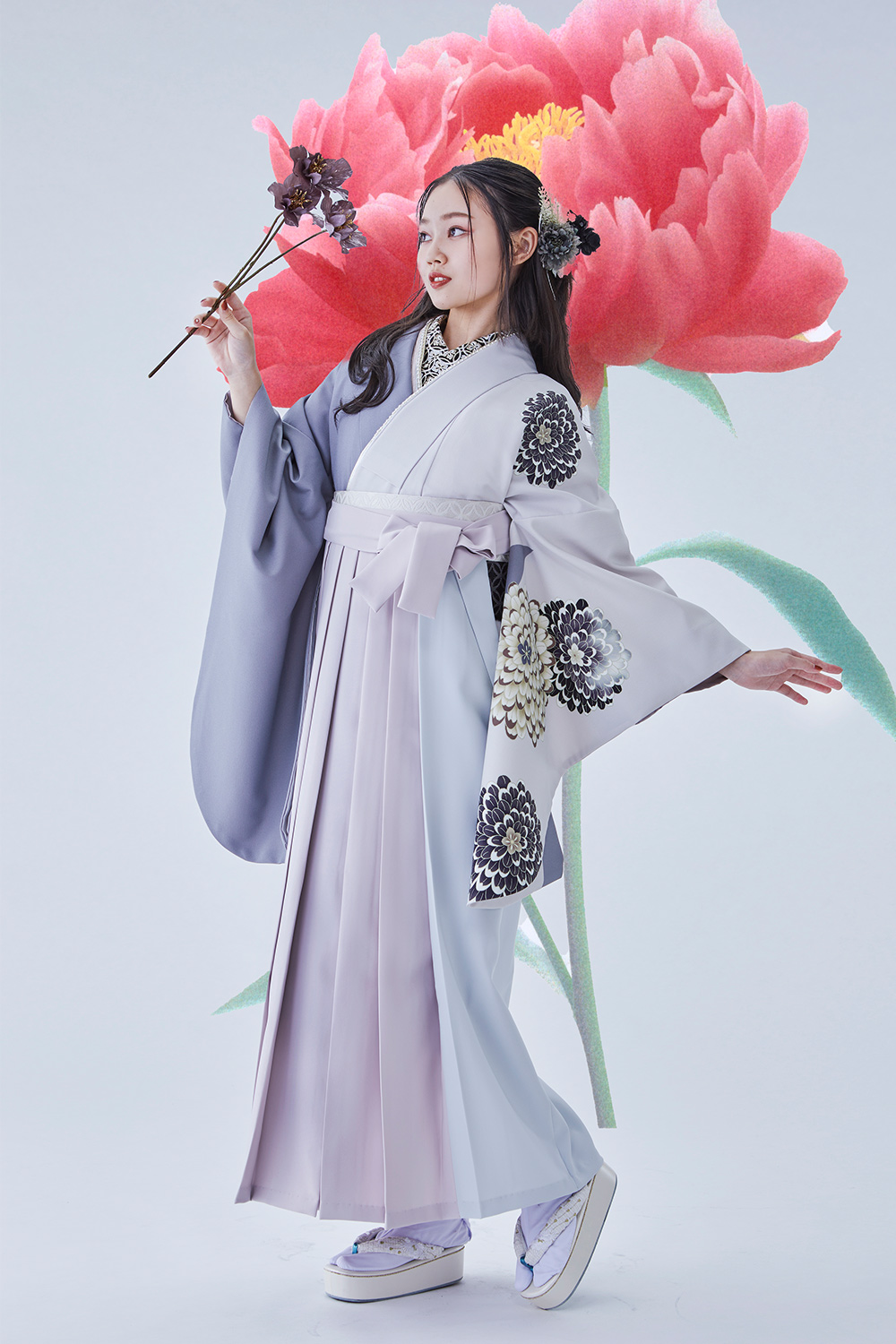 卒業式袴フルセット｜ピンク紫色・洋花柄 2S100