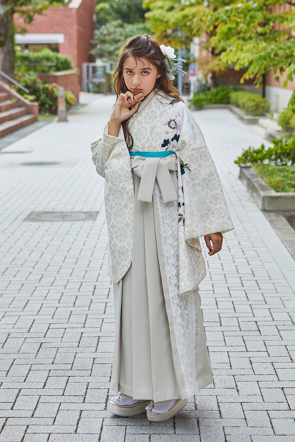 卒業式袴フルセット｜白クリーム色・洋花模様 2S099